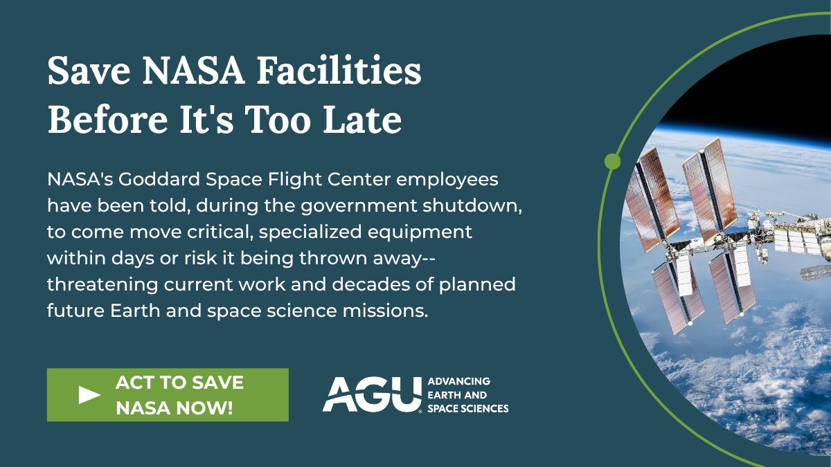 AGUSciPolicy's tweet photo. 🚨 NASA scientists warn: critical equipment at Goddard Space Flight Center could be discarded during the shutdown, jeopardizing decades of Earth & space science missions.
📢 Act now: https://t.co/J8jHJVBQb1
#sciencepolicy #saveNASA https://t.co/WmzOOehvEN