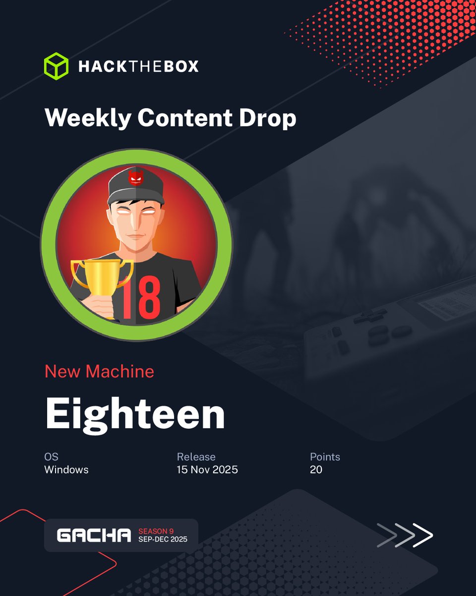 hackthebox_eu's tweet image. It&apos;s a numbers game 🔢
Here are all the brand-new pieces of content coming to the #HackTheBox platforms this week!
🔴 Eighteen, an HTB Seasons Machine created by kavigihan
🔵 WorkFromHome a Sherlock created by chicken0248
🔴 Magical Palindrome, a Challenge created by Anekant

Get…
