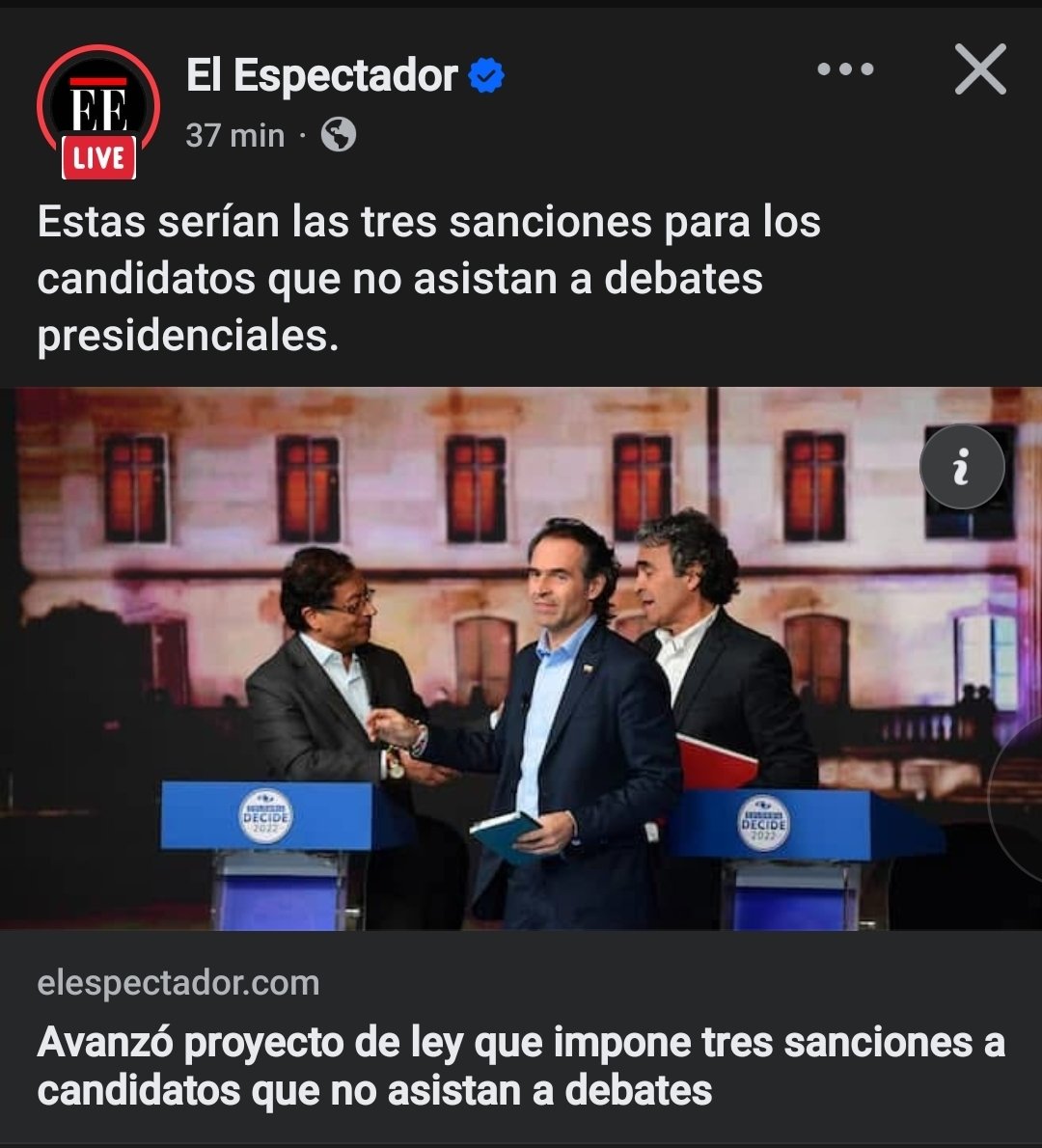 Avanzó en el Congreso un proyecto de ley que busca obligar a los candidatos presidenciales (y también a gobernadores y alcaldes) a asistir al menos a un debate público.

El texto propone tres sanciones para quienes no asistan:
1️⃣ Que se les reduzcan en 25 % los recursos públicos