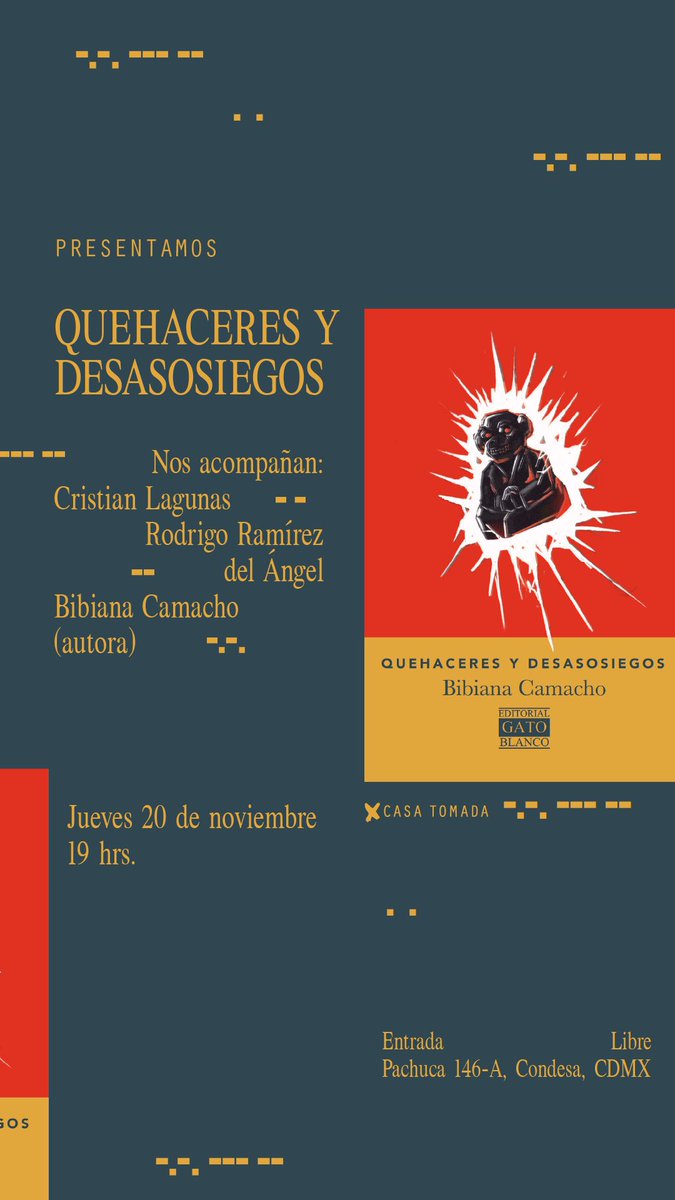 ¡Nos vemos en una semana! 

Presentación de ‘Quehaceres y desasosiegos’ de <a href="/bibianacama/">bibiana</a> en <a href="/CasaTomadaMX/">Casa Tomada ❌</a> 

Con la compañía de <a href="/PincheRodrigo/">El pinche Rodrigo</a>, <a href="/zorrito_artico/">Cristian Lagunas</a> y la autora.