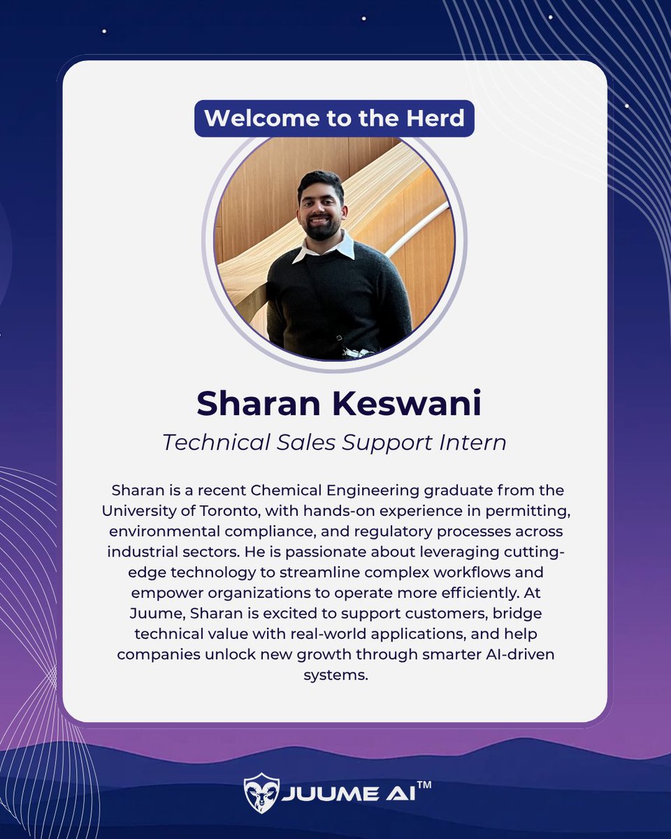 JuumeAI's tweet photo. Excited to welcome Sharan Keswani to Juume AI as our Technical Sales Support Intern.

With a background in chemical engineering and compliance, he’s helping connect emerging technology with real-world customer value. https://t.co/e2uuxaKzFJ