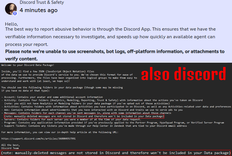 LegionKillfeed's tweet photo. @discord’s own export says “manually-deleted messages are not stored in Discord.” So if a harasser sends a message and deletes it, Trust &amp; Safety has nothing to review. Delete = disappear?#Discord misleads us about #TrustAndSafety. #HarassmentCentral https://t.co/xdaLmMILHa