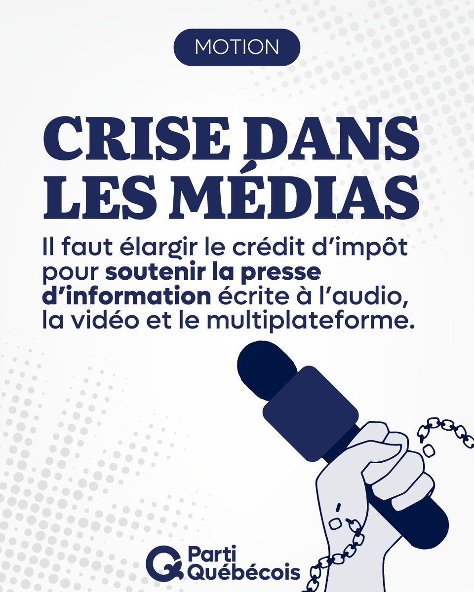 partiquebecois's tweet image. Le rapport du Groupe de travail sur l’avenir de l’audiovisuel au Québec, publié en septembre dernier, est très clair. 

Il est essentiel d’élargir le crédit d’impôt pour soutenir la presse d’information écrite à l’audio, la vidéo et le multiplateforme. 

C’est ce que nous avons…