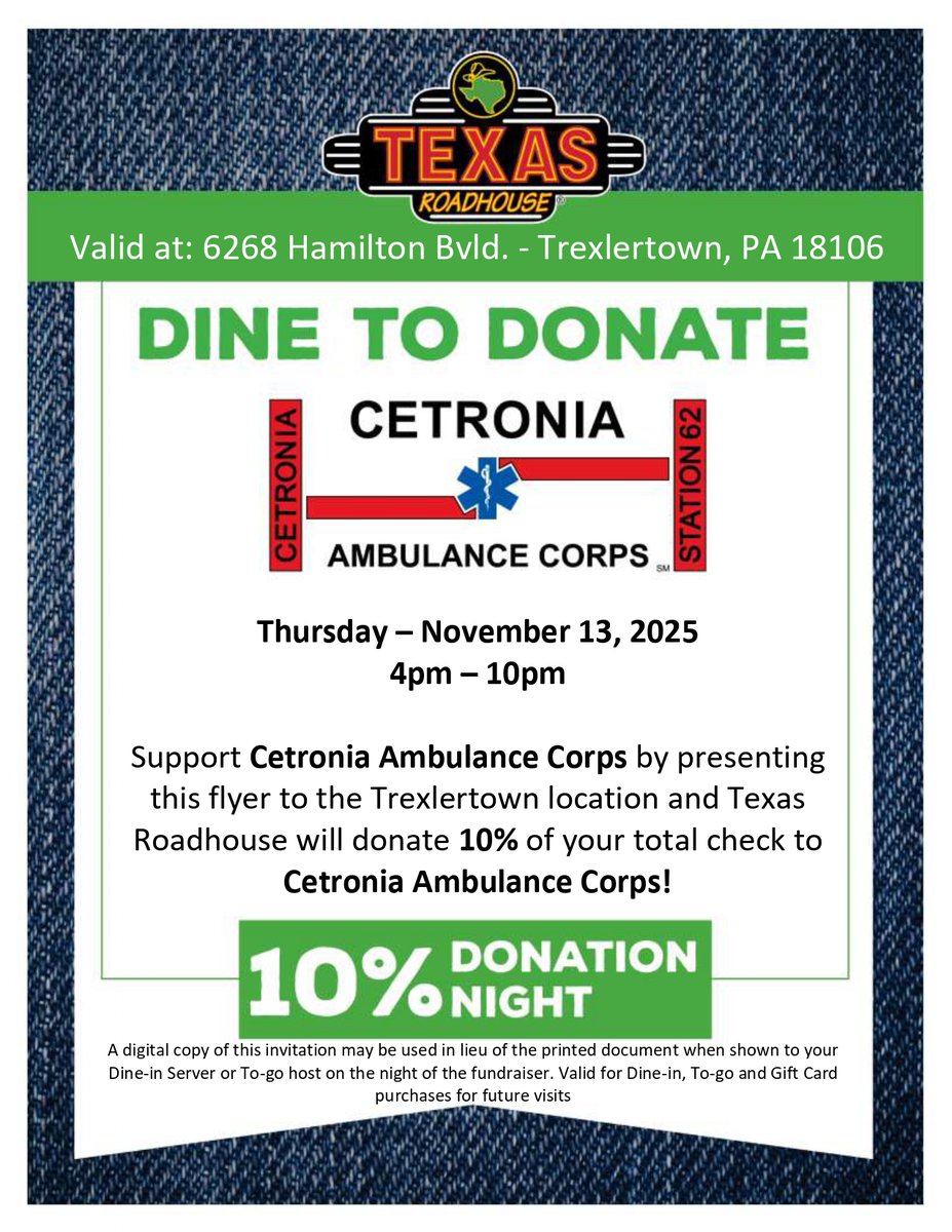 Join us tonight for a Dine to Donate at Texas Roadhouse Trexlertown from 4-10 p.m.! 10% of your check will be donated back to our non-profit organization. Be sure to mention you’re dining for Cetronia when you arrive!