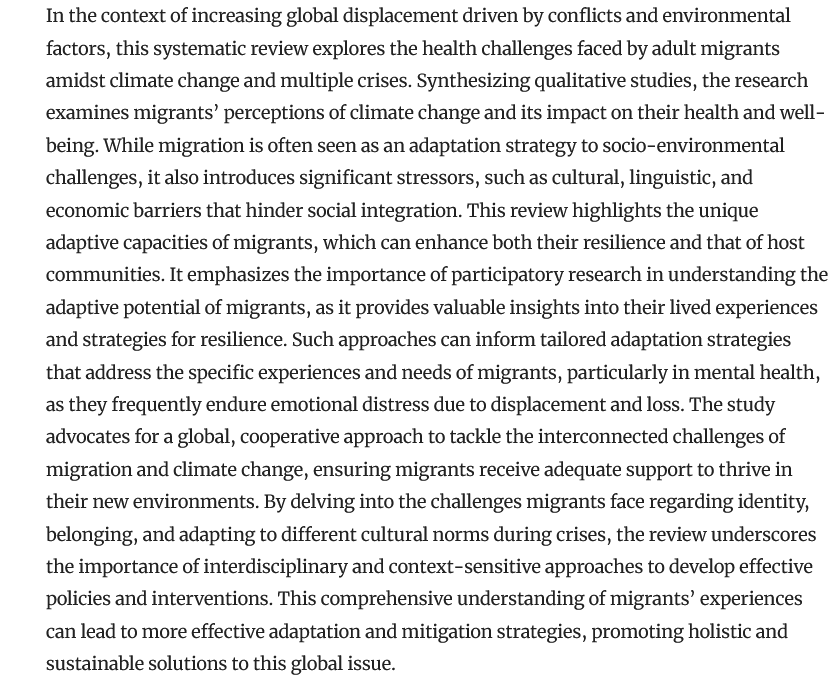 New #article from Parades-Marquez et al: Health and coping mechanisms of adult migrants in the face of climate change and polycrisis
TL;DR:  need global, cooperative approach to tackle the interconnected challenges of  migration and climate change
link.springer.com/article/10.100…