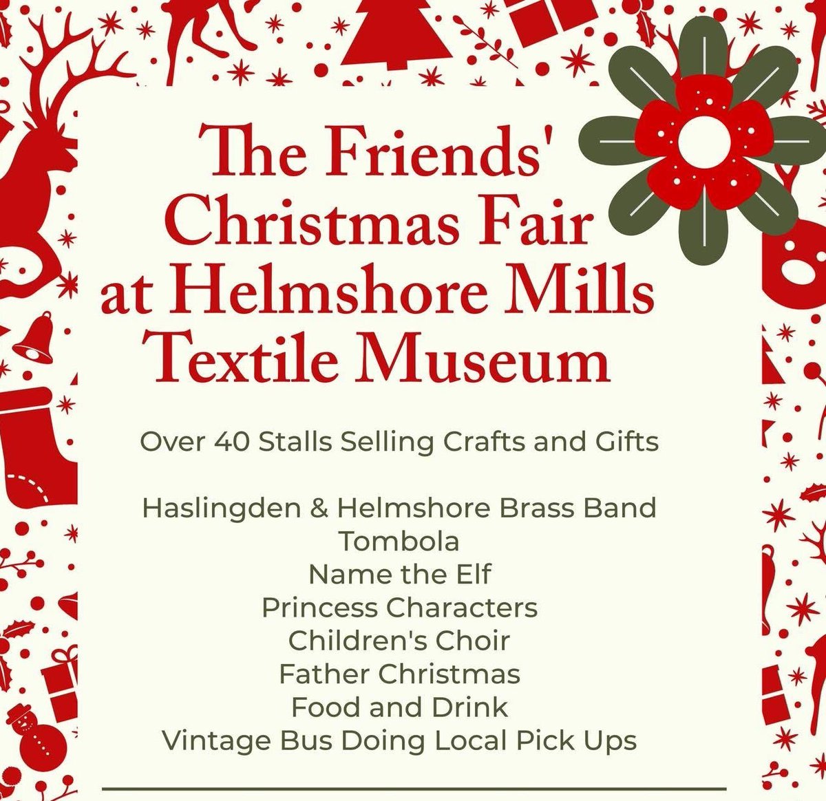 LancsMuseums's tweet photo. 🎄 Join us at #HelmshoreMills Saturday 29 November 10:30 to 4pm for a festive day!
✨ 40+ craft and gift stalls
🎶 Brass band and children’s choir
🎅 Meet Father Christmas and a princess
🎟 Fun games, raffle &amp; tombola
🍴 Food, drink &amp; and vintage bus rides
https://t.co/PbORi7w3cq https://t.co/XH5Bu0Y58v