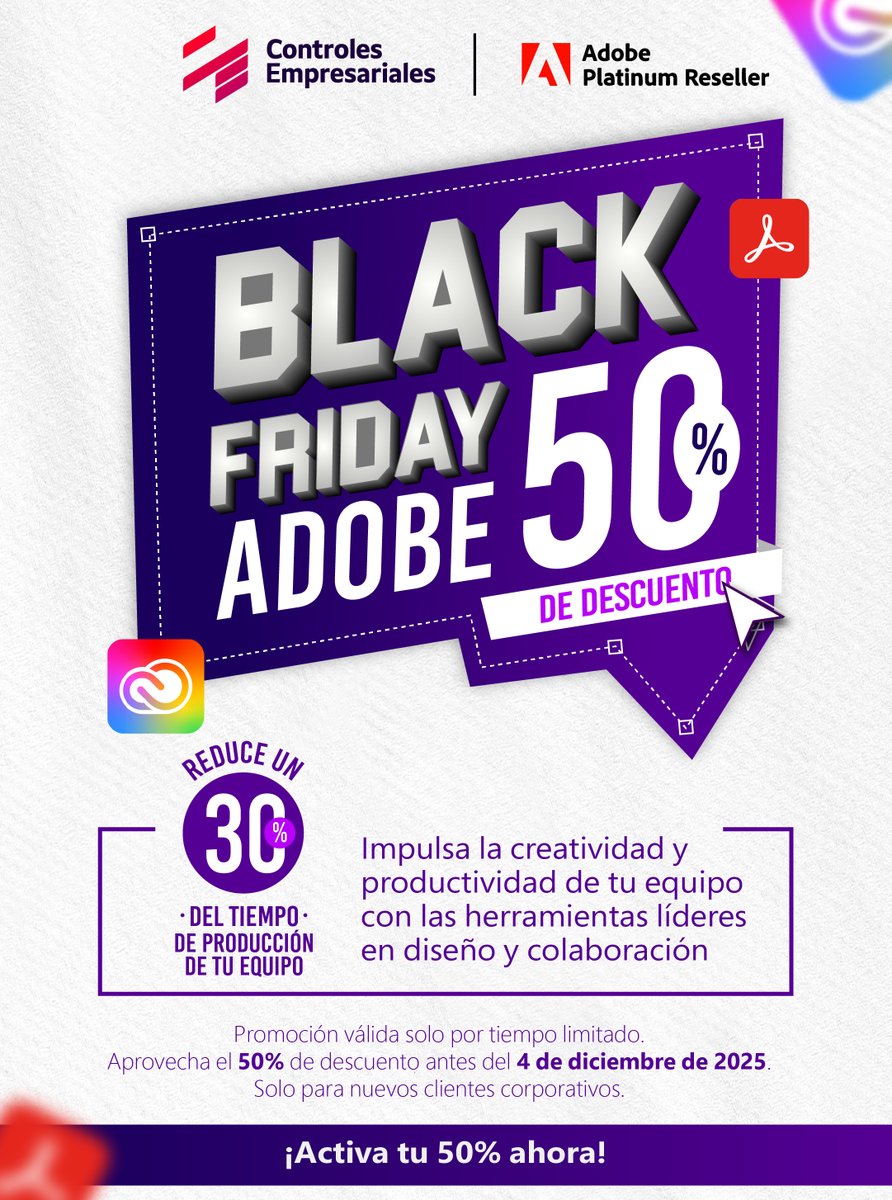 Este #BlackFriday, dale superpoderes creativos a tu equipo ⚡
Aprovecha un 50% OFF en licencias Adobe y reduce un 30% el tiempo de producción.
Diseña, crea y colabora como nunca antes 🎨
Quiero aprovechar el 50% hubs.la/Q03T31xn0
#ControlesEmpresariales  #BlackfridayAdobe