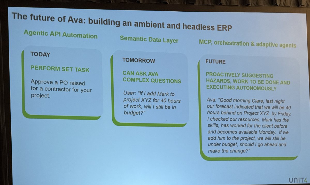 PeteTiliakos's tweet image. A look at some of the #Unit4 #AI use cases, roadmap and &apos;now, near and next&apos; agentic plans...enabled by &apos;Ava&apos; - agentic operating layer and powering its &quot;ambient ERP&quot; vision.  #Unit4AnalystSummit25