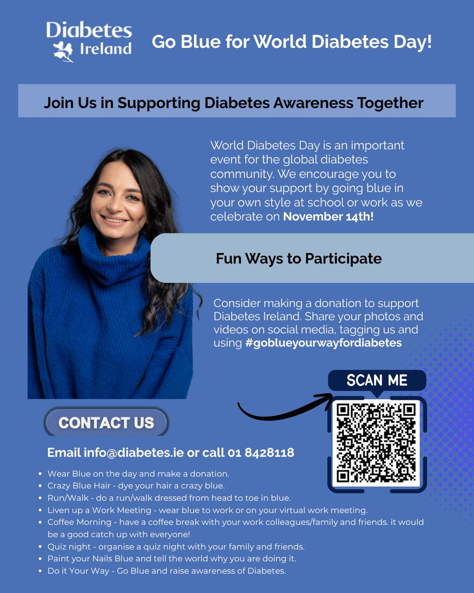 Diabetes_ie's tweet photo. 💙 Go Blue for World Diabetes Day – November 14th! 💙

Tomorrow is World Diabetes Day, a time to raise awareness, show support, and shine a light on diabetes across Ireland and around the world.

Join us by wearing blue, lighting up blue, or turning your workplace, school, or home blue for the day! 💡👕🏠

📸 Don’t forget to share your blue photos and videos on social media and tag @diabetesireland and #GoBlue2025 and we’ll share them to our stories!

Or, you can email them directly to info@diabetes.ie

Let’s make Ireland glow blue for diabetes awareness tomorrow💙

You can show your support by donating here: https://t.co/6b21r11sya

#WorldDiabetesDay #GoBlueForDiabetes #GoBlue2025 #DiabetesIreland #BlueForDiabetes
