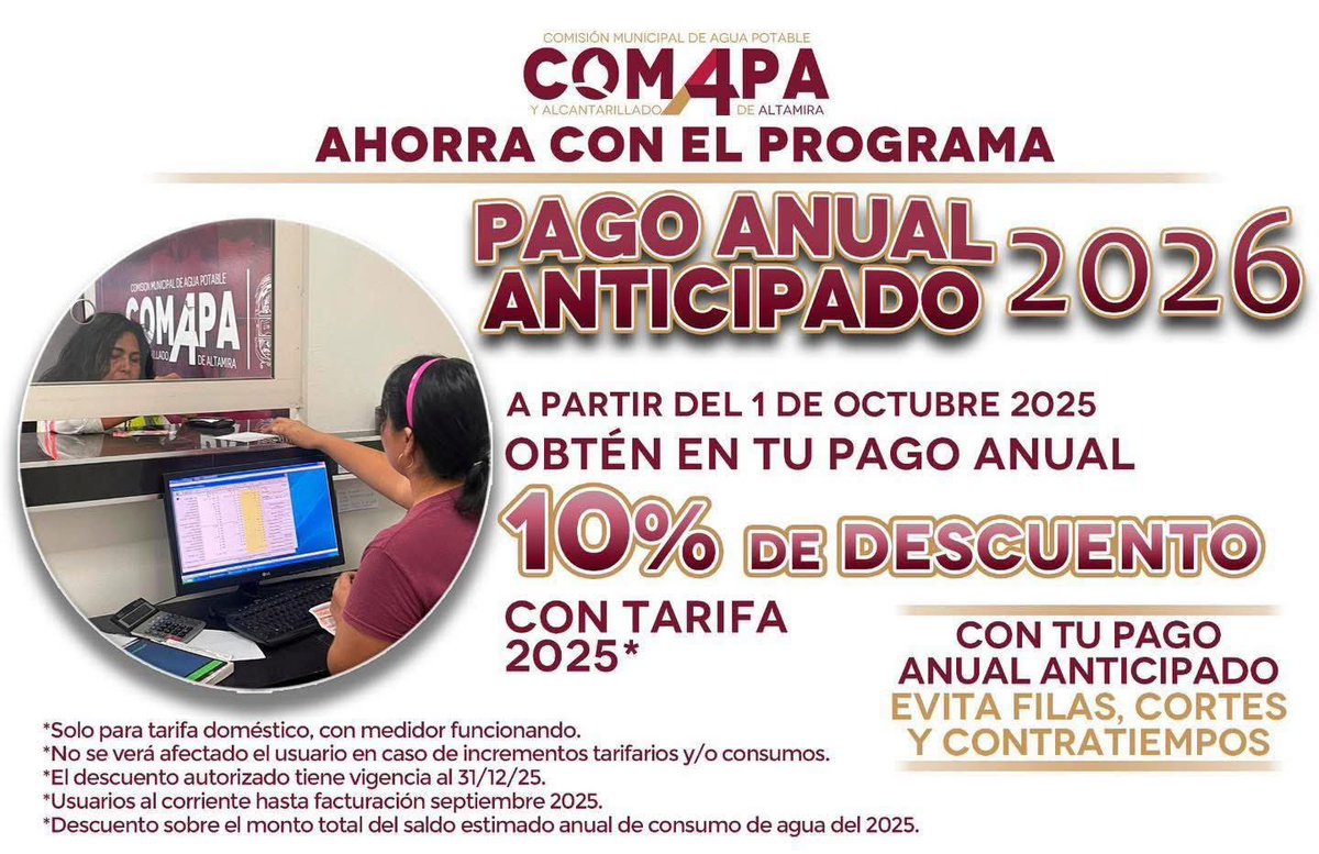 Ya puedes aprovechar el programa: "Pago Anual Anticipado 2026".

Evita filas, cortes y sanciones, durante todo el año.

#ComapaAltamira #ComprometidosContigo