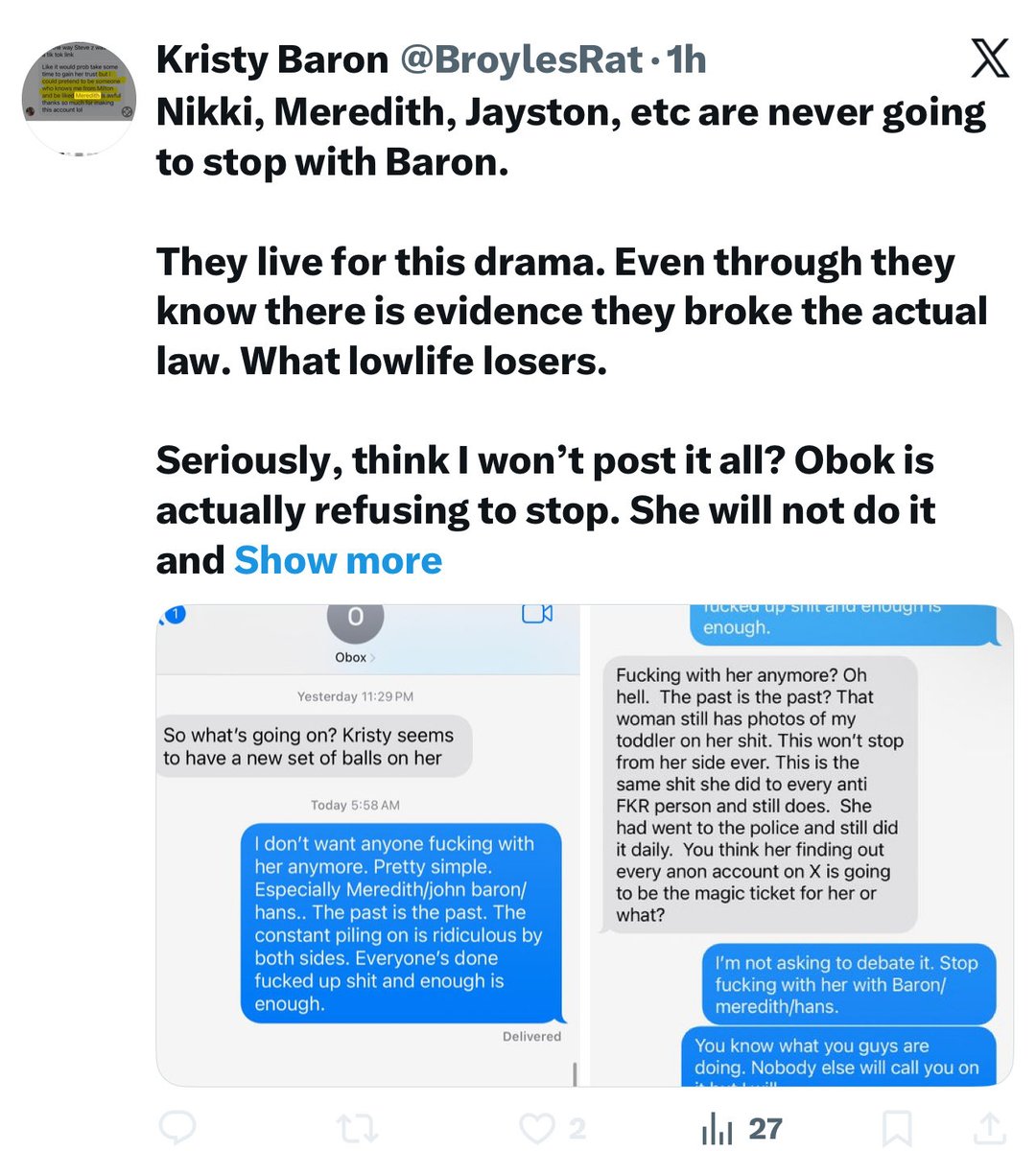 Here’s Kristy mental illness with a splash of drug induced psychosis on full display.  She states these people live for   DRAMA. Can you imagine typing those words when she displays daily, hourly minute by minute pure drama. Someone help her!! <a href="/BroylesRat/">Kristy Baron</a>