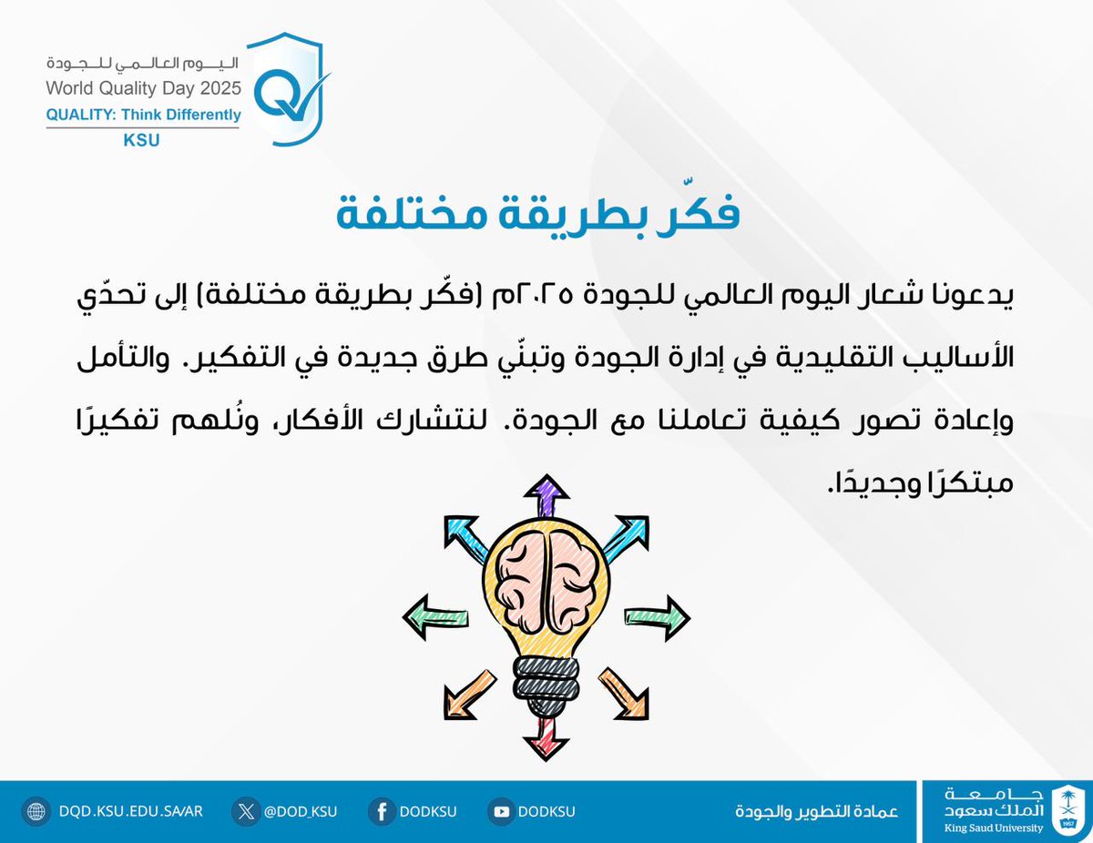 DOD_KSU's tweet photo. فكّر بطريقة مختلفة، وتحدى الأساليب التقليدية في إدارة الجودة    #اليوم_العالمي_للجودة 
#جامعة_الملك_سعود https://t.co/KMsTCech9I