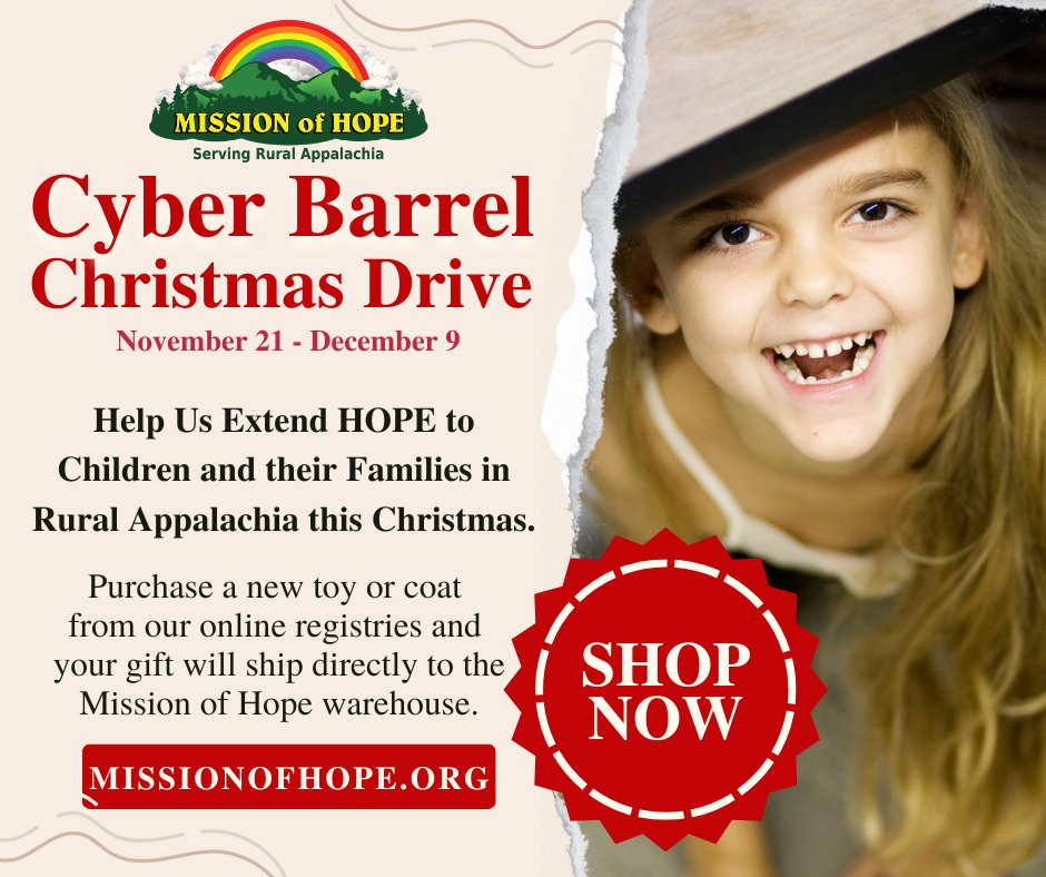 MissionofHope's tweet photo. Cyber Monday for Hope!

Shop our Cyber Barrel registries for toys and coats online and bring joy to children in Appalachia! 💙
https://t.co/RHFF16UqwY
#CyberBarrel2025 #MissionOfHope #GiveHope https://t.co/pV1Ov3DcGo