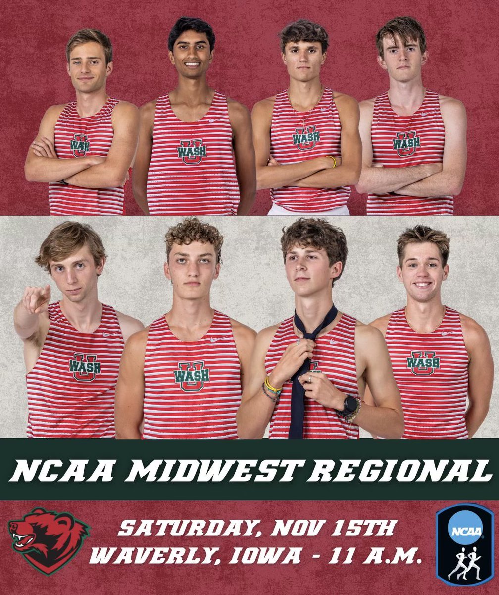 WASHU_XCTF's tweet image. ￼ NCAA MIDWEST REGIONAL 🔥
The Bears are ready for championship season in Waverly, Iowa- Men’s 8K | 11 AM 🕚
Racing: Max, Rishi, Charlie, Conor, Sean, Max L, Ben, Gavin
📍 Wartburg College | 🗓️ Saturday, Nov 15 | ⏰ 11 AM
#GoBears | #WashUXC | #NCAAXC