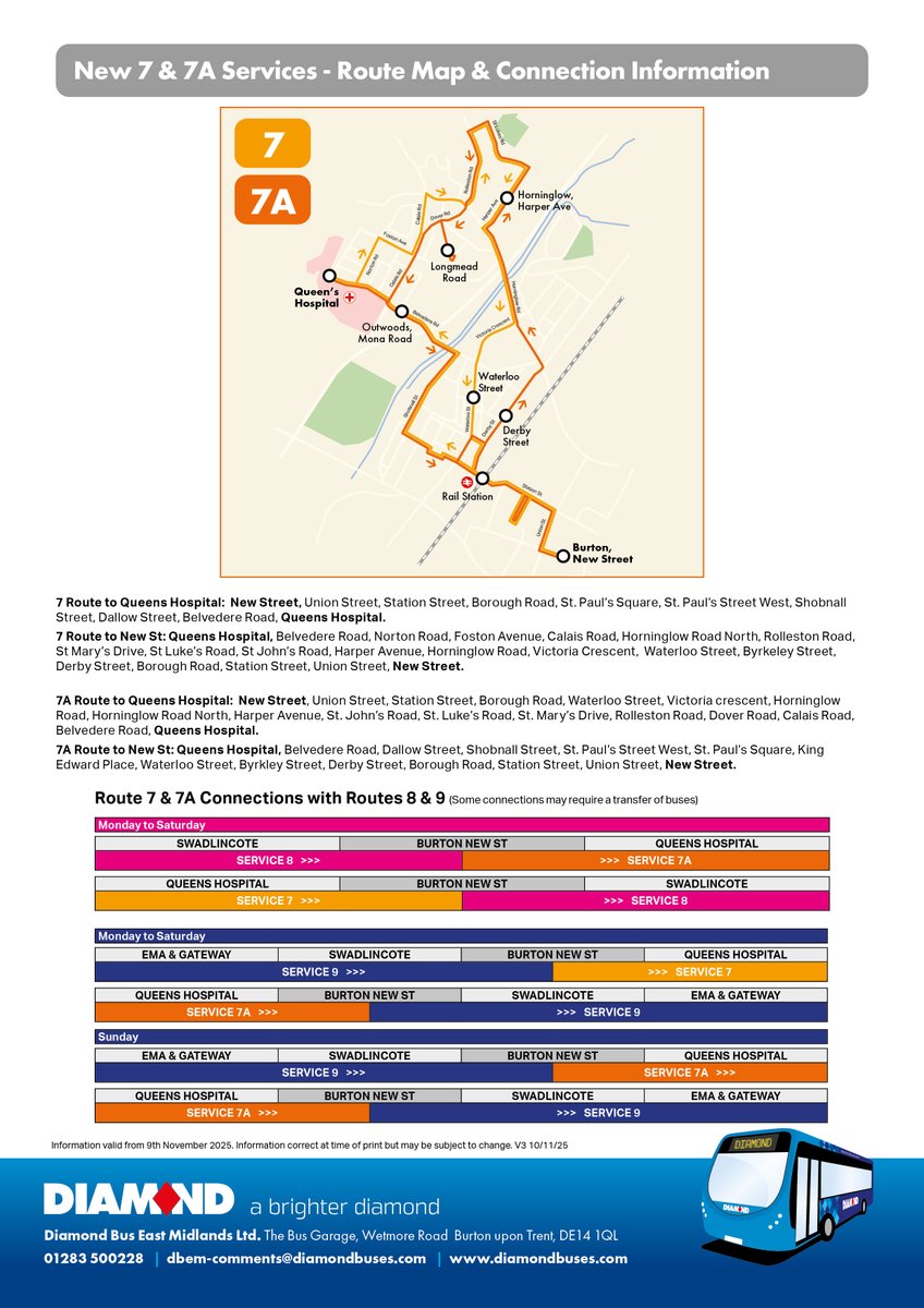 This week Services 8 &amp; 9 changed. They now terminate at Burton New St, with onward travel to Queens Hospital available with the introduction of a new 7 &amp; 7A service to the Hospital.
You can find out more about these changes and the new timetables here: diamondbuses.com/news/changes-t…