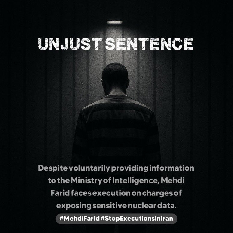 The IRGC has once again turned truth into a crime ⚖️💔

Mehdi Farid , a 54-year-old former employee of Iran’s Atomic Energy Organization, has been transferred from Evin to Ghezel Hesar Prison — where executions are carried out ⚠️

His only “crime” was reporting a suspicious