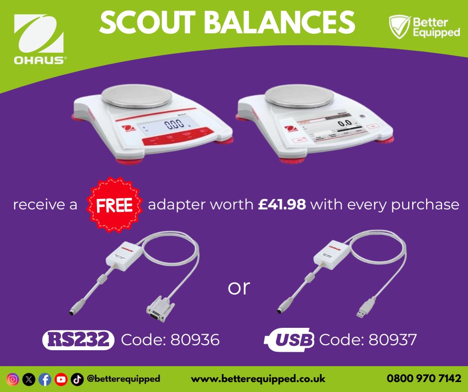 Get your OHAUS Scout Balance today and enjoy a FREE adapter (RS232 or USB) worth £41,98 with every purchase. Perfect for your lab, classroom, or workspace!  Shop now at betterequipped.co.uk or call 0800 970 7142 #BetterEquipped #OHAUS #LabEquipment #FreeGift