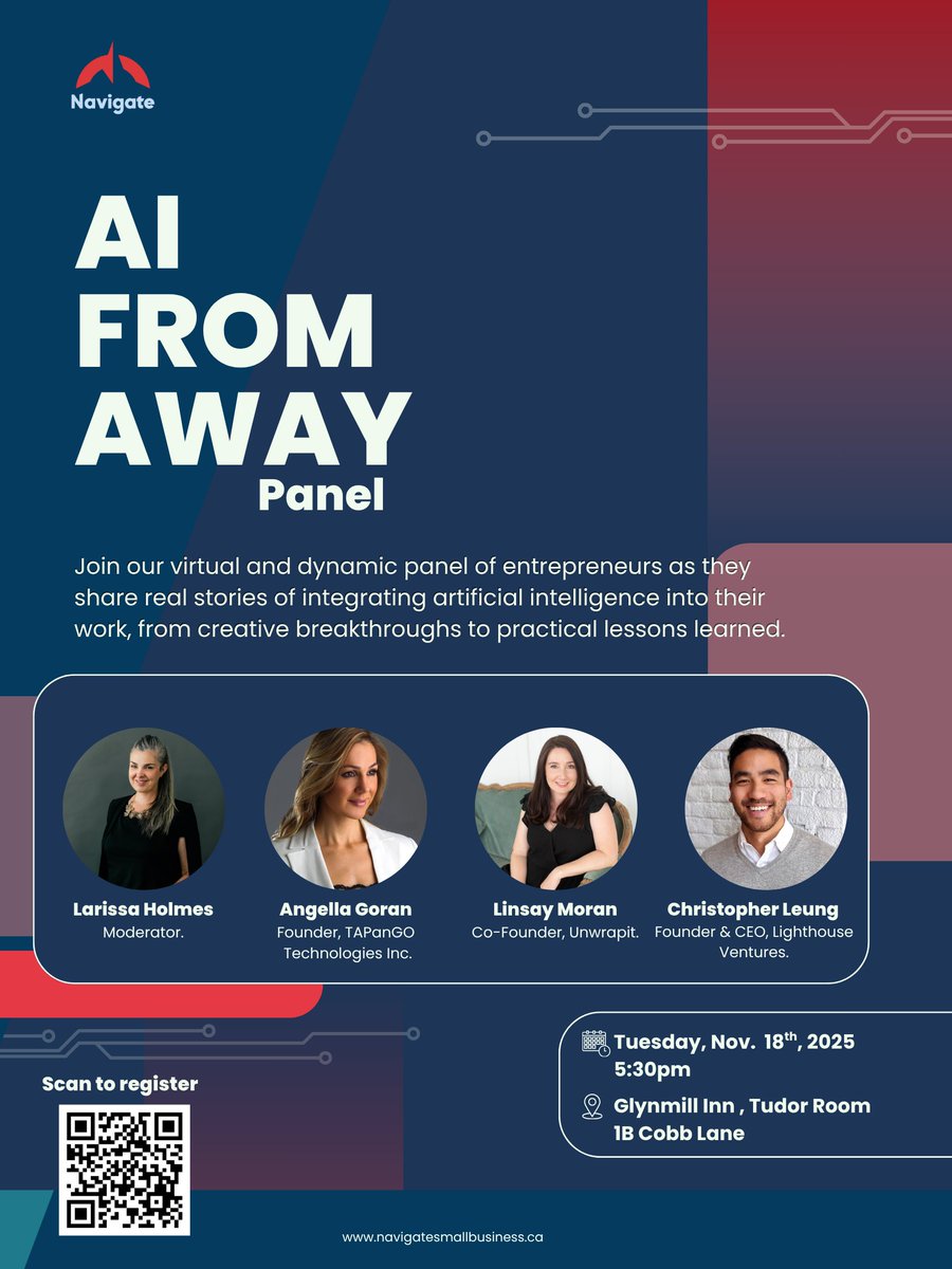 Behind every business is a story, of late nights, bold ideas, and people who just get it. The AI From Away Panel is a space to connect with others who are figuring it out too; how AI can lift our work, our creativity, and our communities.
Register here: linktr.ee/navigateevents