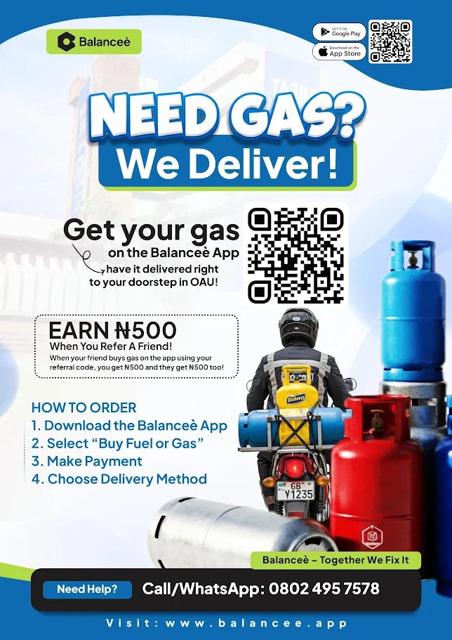 Find your nearest gas station on the Balanceè App for a refill before you spot madam on the street carrying gas on her head 😅
No worries, Balanceè has you covered.
Whether it’s your car or cooking gas, we deliver, we fix, we simplify life
#Balanceè #cookinggas