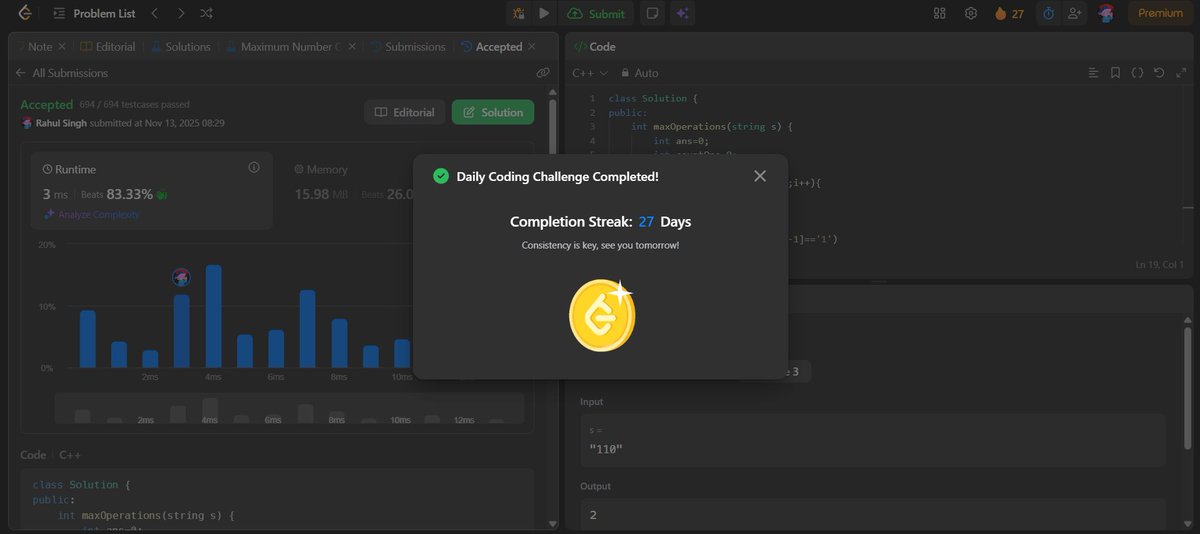 RahulSingh30070's tweet image. 📌 Day 56 Progress
🧩 Graph: Solved Shortest Path in Undirected Graph &amp;amp; Shortest Path in DAG (GFG)
🎯 DP: LeetCode #494, #474, #1402, #486, #97
💡 POTD: #3228 ✅
📝 College: Completed assignments
#WinterArc #LeetCode #100DaysOfCodingChallenge