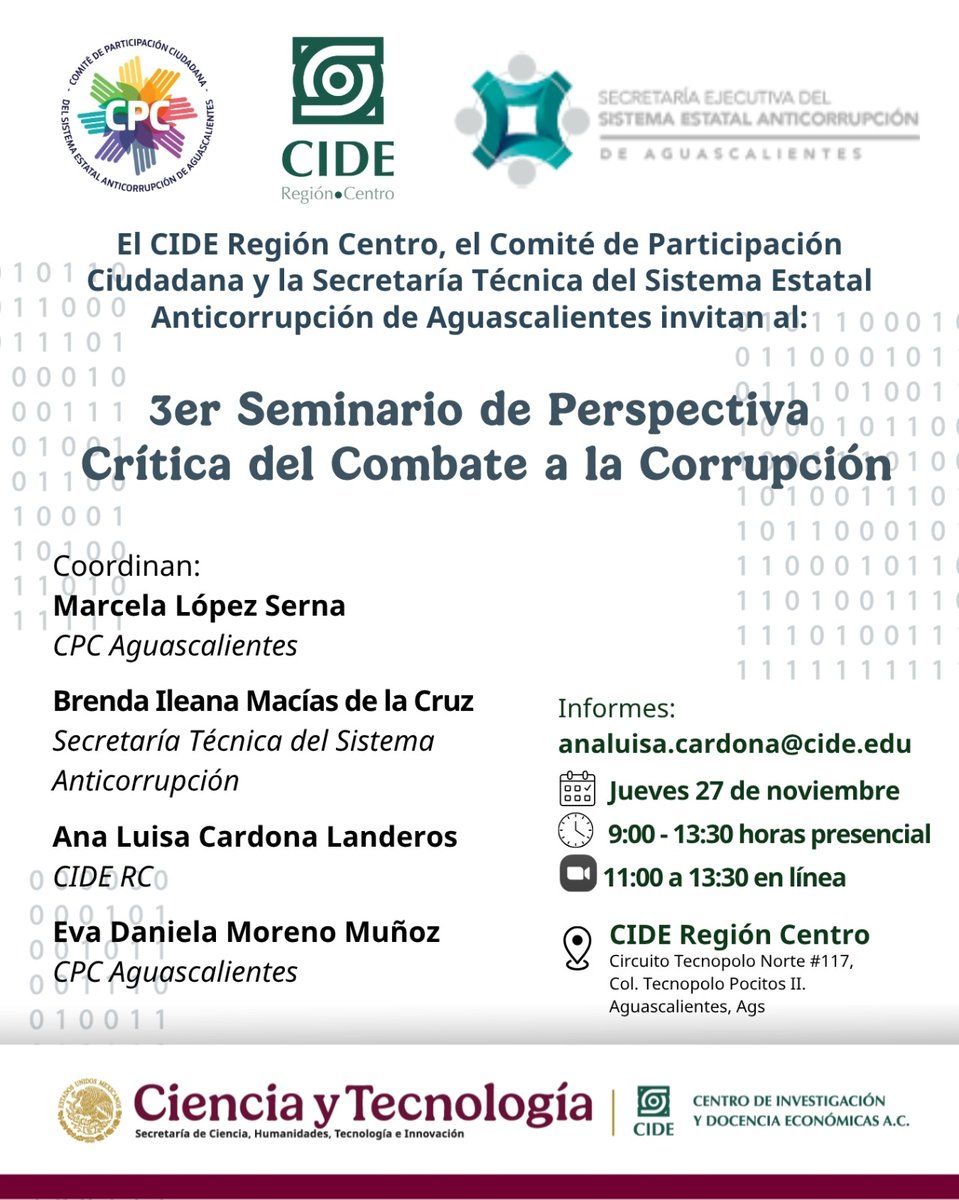 CIDE_RC's tweet image. 📣 Invitamos cordialmente a todas y todos los interesados en los temas de combate a la corrupción al 3er Seminario de Perspectiva Crítica del Combate a la Corrupción

📍 Evento presencial con transmisión en línea
🗓️ Jueves 27 de noviembre
🕘 De 9:00 a 13:30 horas
🏛️ CIDE RC