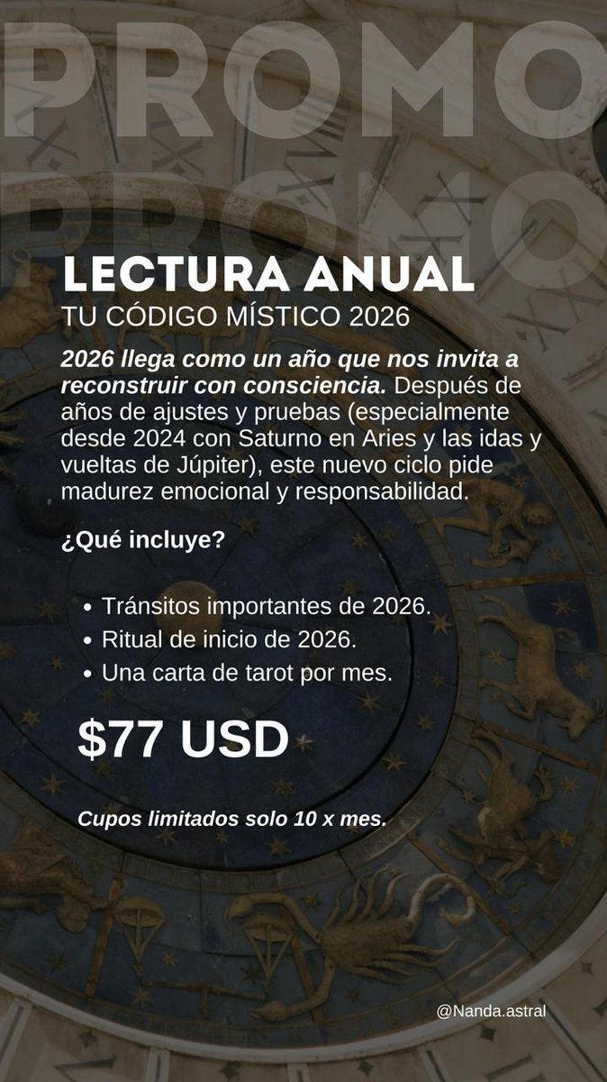 Preparate para todo lo que trae el 2026 con esta Lectura personalizada para ti, incluye transitos, progresiones, Rev solar sea 2025 -2026 segun se necesite, Eclipses y Cartas de tarot mes  ames ademas de un PDF con rituales de FIN DE AÑO. 
77 MIL ARS O 280 MIL COP.
¡ Ultimos 8