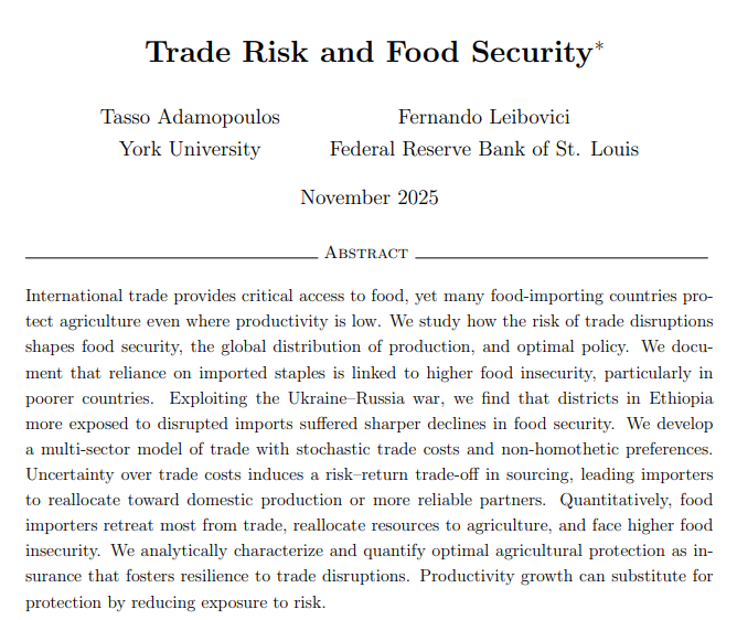 Trade and the Risk of Trade Disruptions 🌍📦

International trade expands what countries can consume and produce — but also heightens exposure to shocks that interrupt access to world markets.

New paper with Tasso Adamopoulos: How these risks reshape sourcing, production, and