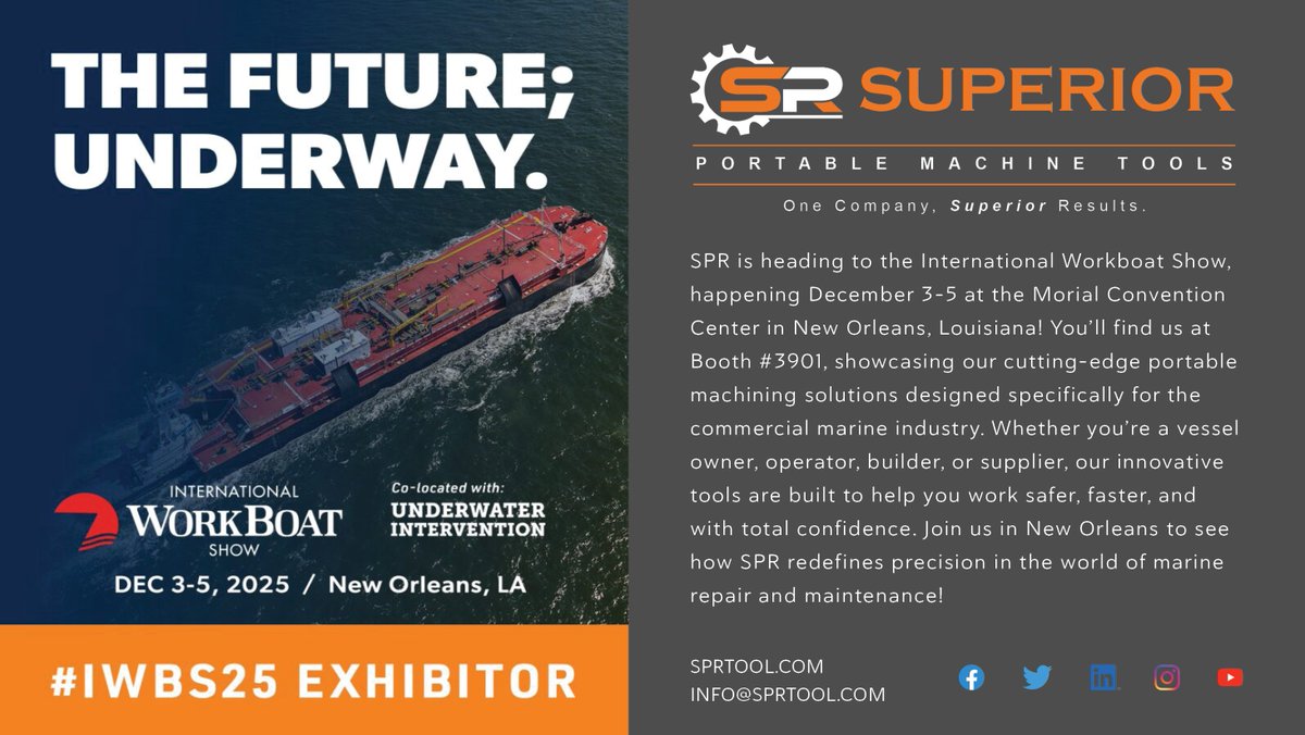 spr_tool's tweet image. We’re headed to New Orleans for the International Workboat Show, Dec 3–5! Stop by Booth 3901 to see SPR’s innovative portable machining solutions for the commercial marine industry. Let’s talk precision, performance, and reliability — see you at the show! #Superior #SPR #Workboat