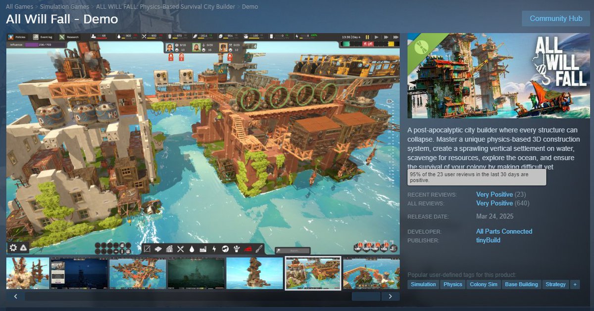 Our post-apocalyptic city builder demo has almost hit overwhelmingly positive on the recent Steam reviews! 💙🌊