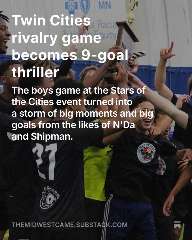 DJBisogno's tweet image. The Midwest Game also covered the boys game at the Stars of the Cities (@solofthecities) event. It was a true barn burner and a site to behold as nine goals and a comeback played out at the Conway Dome. #minneapolis #saintpaul 

Link: themidwestgame.substack.com/p/twin-cities-…