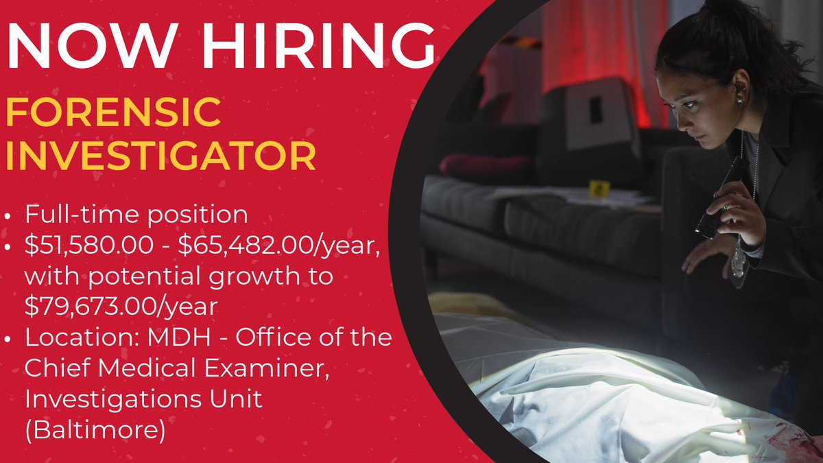 MDHCareers's tweet image. The @MDHealthDept Office of the Chief Medical Examiner (OCME) is hiring a Forensic Investigator. Conduct investigations of cases referred to OCME, incl.: screening; gathering info; conducting examinations on-scene. Learn more &amp;amp; apply: bit.ly/3ITZXFf #JoinMDH #MDHCareers