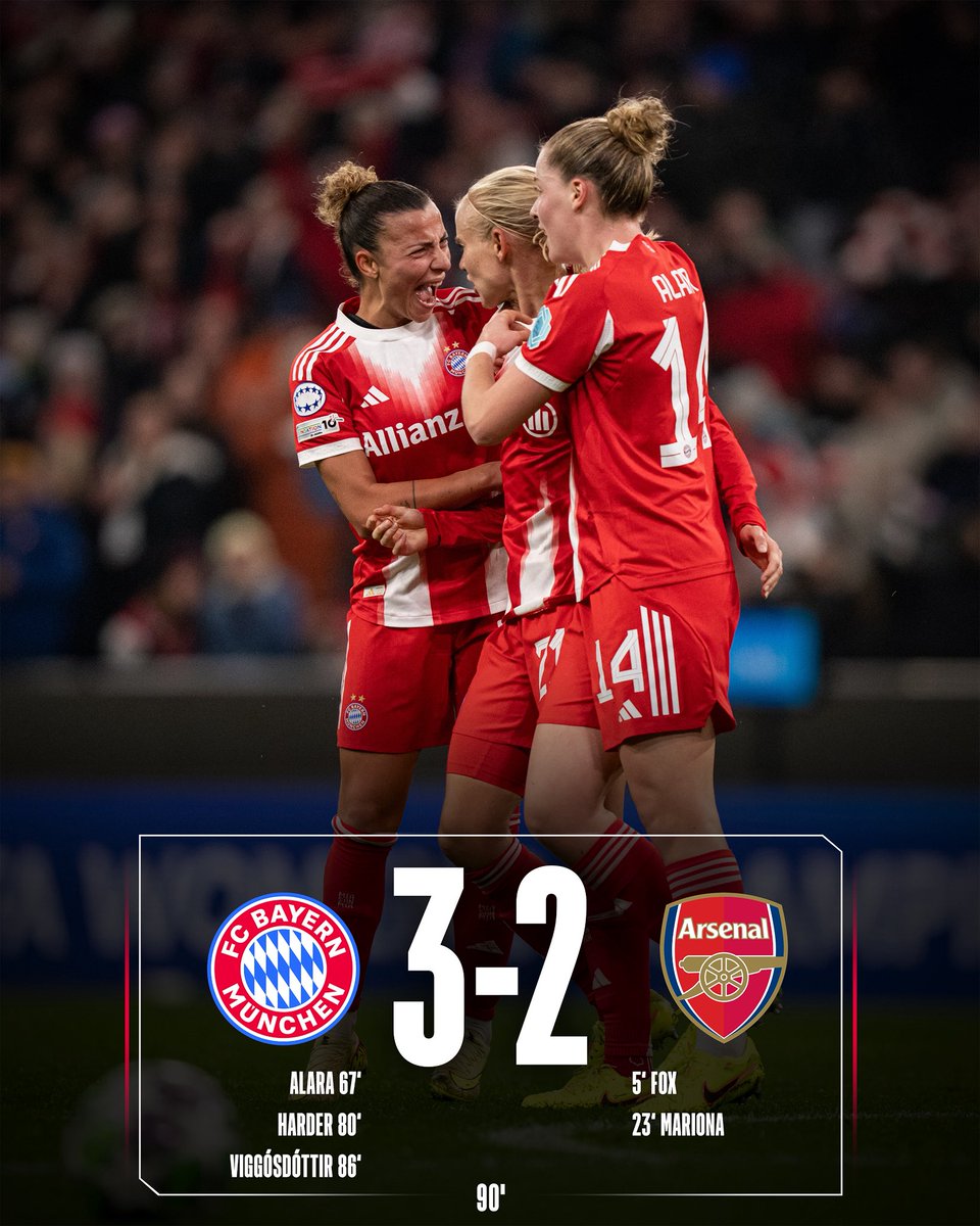 FULL TIME | <a href="/FCBfrauen/">FC Bayern Frauen</a> 3-2 Arsenal

#FCBARS #UWCL