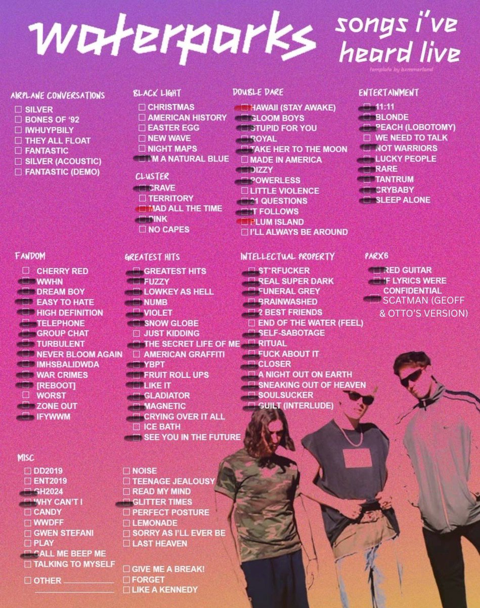 + prowler and amn but idk if i can bear to find the new version rn (red ones are songs i heard live and have no recollection of haha its fine no really its okay)