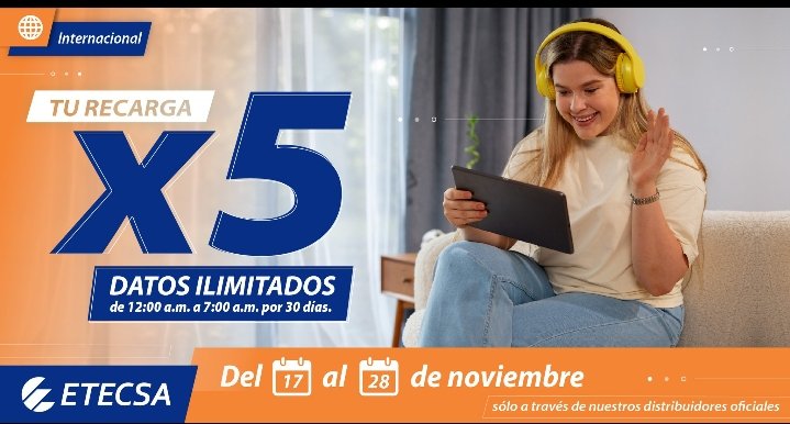 No pierdas esta oportunidad!!!👌Cinco  veces tu saldo principal si te recargan entre 600 y 1250 desde distribuidores internacionales. Datos ilimitados x 30 días desde las 12:00 am a 6:00 am.