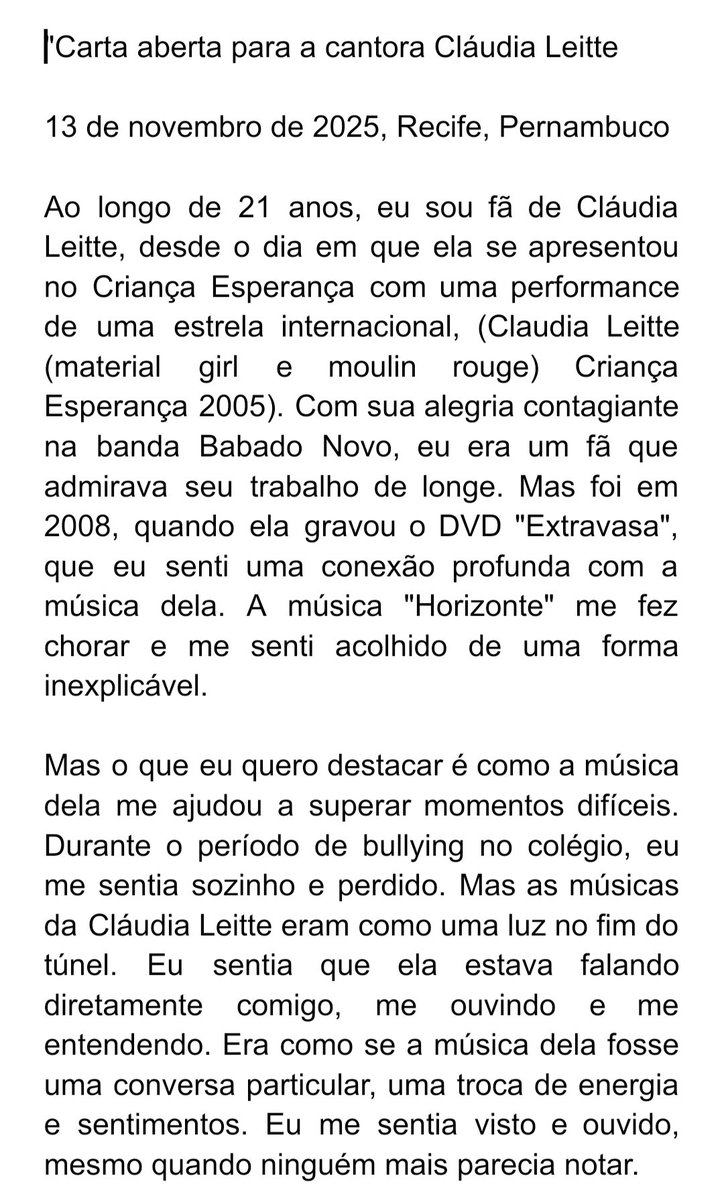 Samym20's tweet photo. Minha carta aberta para contar um pouco da minha história e experiência como fã de @ClaudiaLeitte @Centraldefacl @CentralDeFasCL https://t.co/AeDE2A3a80