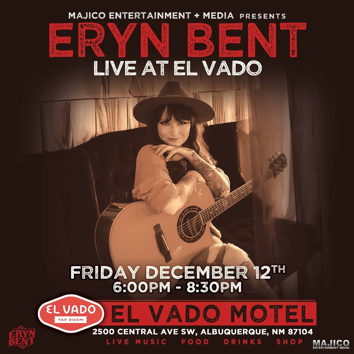 MajicoEnt's tweet photo. 🎶 Fri, Dec 12 | 6–8:30 PM
Eryn Bent live at El Vado! 💖
Soulful folk, Americana &amp; country with heartfelt lyrics &amp; stunning vocals. 🍺 Taproom drinks + 🍜🌮🍦 eats.
#ElVadoABQ #MajicoEnt https://t.co/8Xv8owr6z9