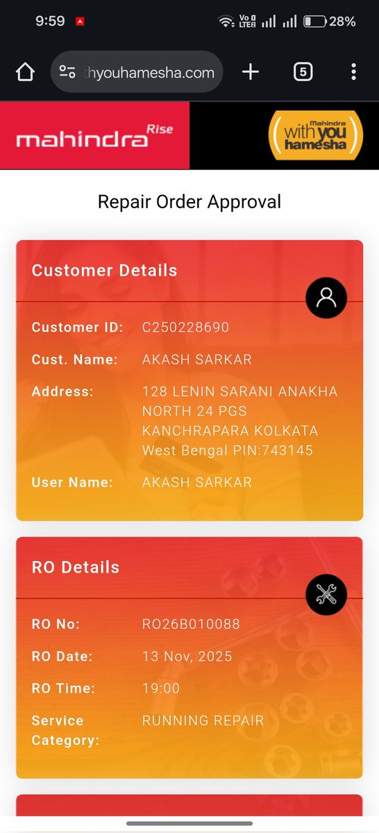 AkashSa74177250's tweet image. My Mahindra 3XO (1 yr 5 mths old) broke down today — smoke came from bonnet while driving! Towed via RSA to kalikapur service centre kolkata. Please resolve this for once and all and ensure this never happens again. Job sheet attached. #Mahindra3XO #MahindraService