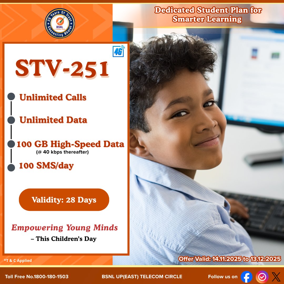 BSNL_UPEast's tweet image. Gift your child the power of learning this Children’s Day — STV 251 by BSNL!

Study non-stop with 100GB Data + Unlimited Calls — only with BSNL STV 251!