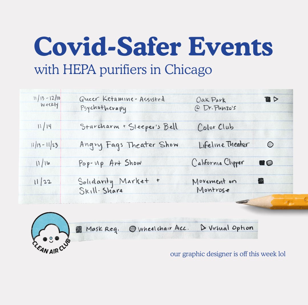 Some HEPA-purified events for you through the end of November!

(can you tell our graphic designer is out for the week? 😅)