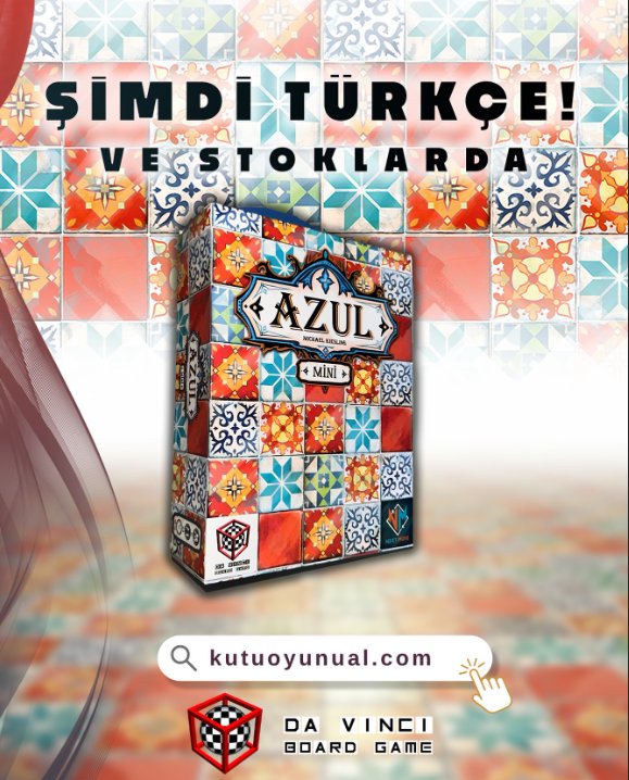 KUTU OYUNU ÇEKİLİŞİ!!!

1 Kişiye Azul Mini hediye edeceğim.

Dünya klasiği kutu oyunu Azul artık Türkçe ve resmi olarak ülkemizde!  

Katılmak için: 
-Beni takip edin  
-Retweet’leyin veya alıntılayın      
-Bu postu beğenin   
-Son gün 20 Kasım  

Oyuna Kutuoyunual sitesinden