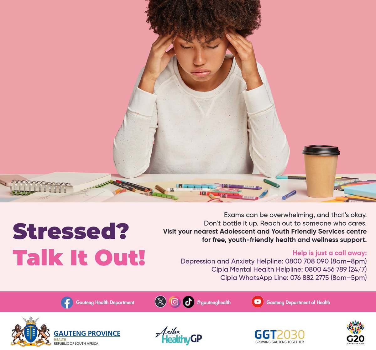 Best of luck to all matriculants writing their exams!
We know exams can be challenging and may take a toll on your mental health. Don’t keep it all in - talk it out. Reach out to a professional who can help you manage exam stress and anxiety.#Classof2025 #AsibeHealthyGP  #NSC2025