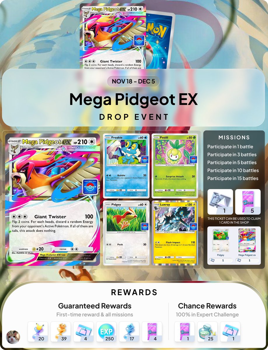 ChaxeTCGP's tweet image. Promo Mega Pidgeot EX coming in drop event, starting on Nov 18 in TCG Pocket
#PokemonTCGPocket