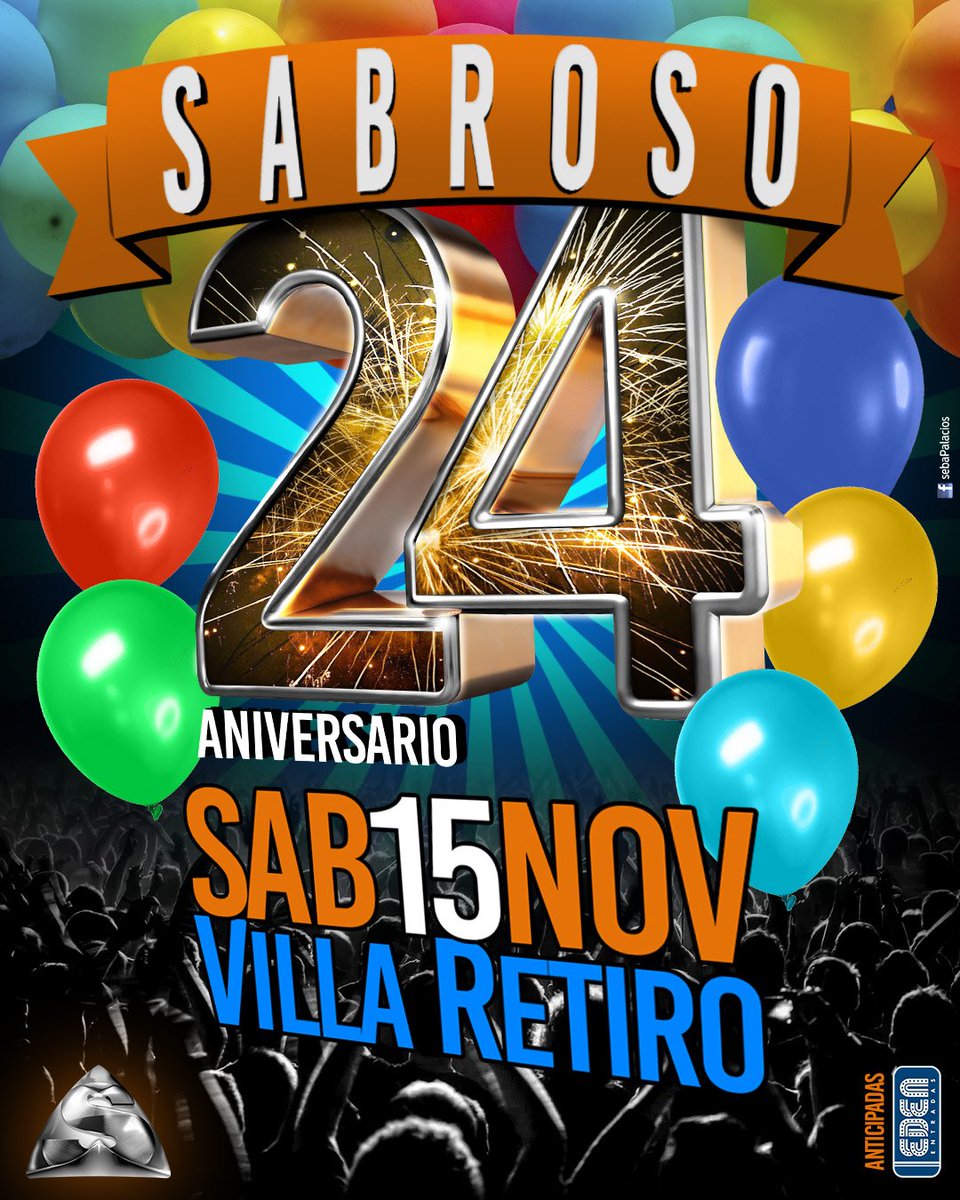 Este sábado en Villa Retiro,  SABROSO festeja  24 años. 
Entradas en venta,  personalmente en Disquerias Eden,  Obispo Trejo 15 esquina Dean Funes -  Peatonal Cordoba o por la web en edenentradas.ar , de contando o con tarjetas.visa, mastercard y naranja X.