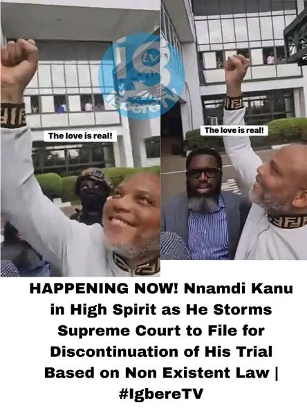 NewzAddict's tweet photo. HAPPENING NOW! Nnamdi Kanu in High Spirit as He Storms Supreme Court to File for Discontinuation of His Trial Based on Non Existent Law | #IgbereTV https://t.co/SZlqHLZaJ1