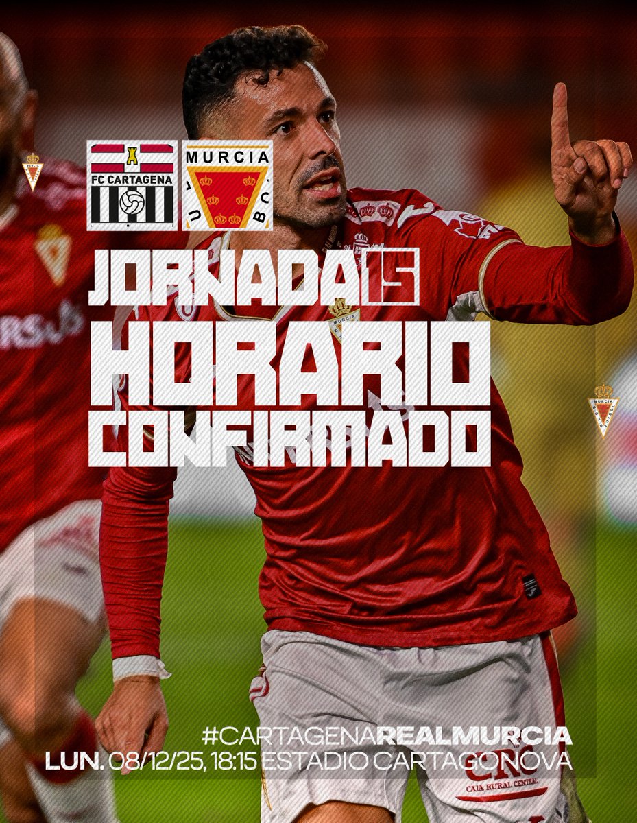 realmurciacfsad's tweet photo. 📅 𝗝𝗼𝗿𝗻𝗮𝗱𝗮 𝟭𝟱 | 𝗣𝗿𝗶𝗺𝗲𝗿𝗮 𝗙𝗲𝗱𝗲𝗿𝗮𝗰𝗶𝗼́𝗻 𝟮𝟬𝟮𝟱/𝟮𝟲
✅ ¡Horario confirmado!

⚔️ @FCCartagena_efs  
📆 Lunes 08/12/2025 
🕤 18:15 horas 
🏟️ Estadio Mpal. Cartagonova 

#CartagenaRealMurcia https://t.co/rN9o01Grsu