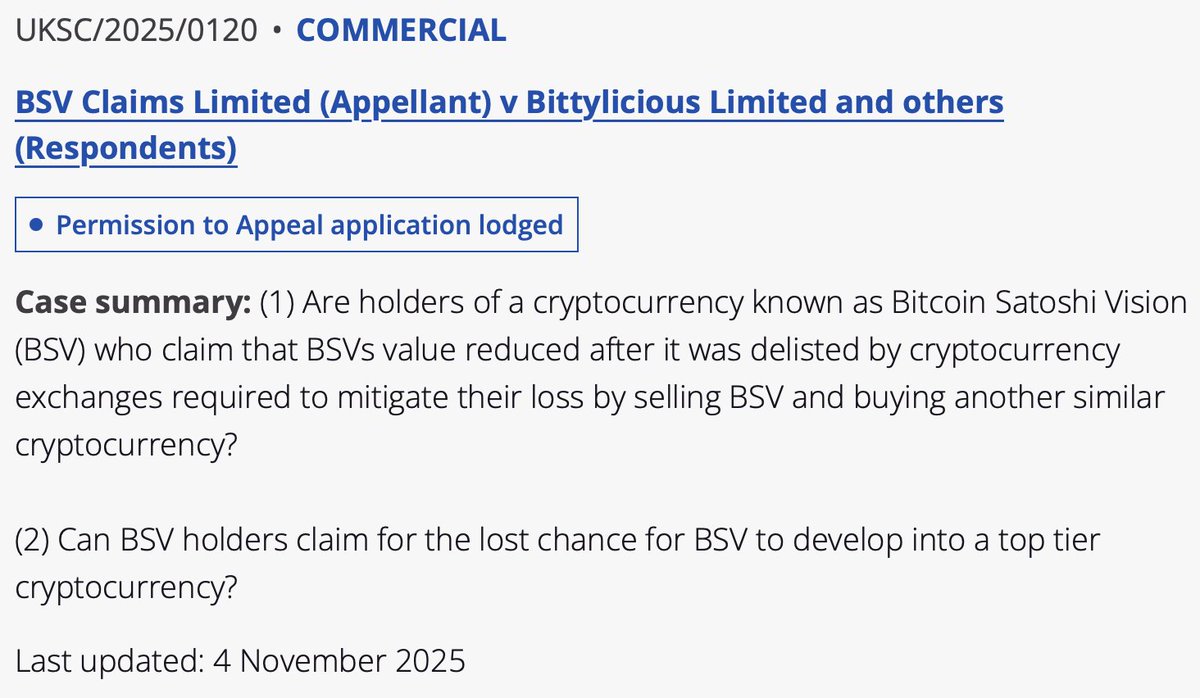 Just noticed that after a long break of nothing happening the BSV Claims case appeal to the UK Supreme Court has been updated on case details Nov the 4th. Still no decision if the appeal is accepted to be considered but it seems something is moving.