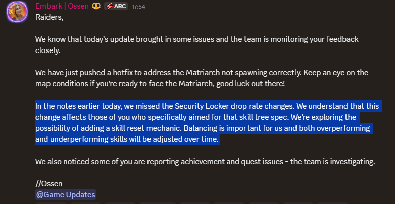 Naaaitos's tweet photo. @TeetyyTheBOI @ArcRaiderAlerts Embark is saying that their team is looking into player situations like this. https://t.co/KgtlJgLN0v
