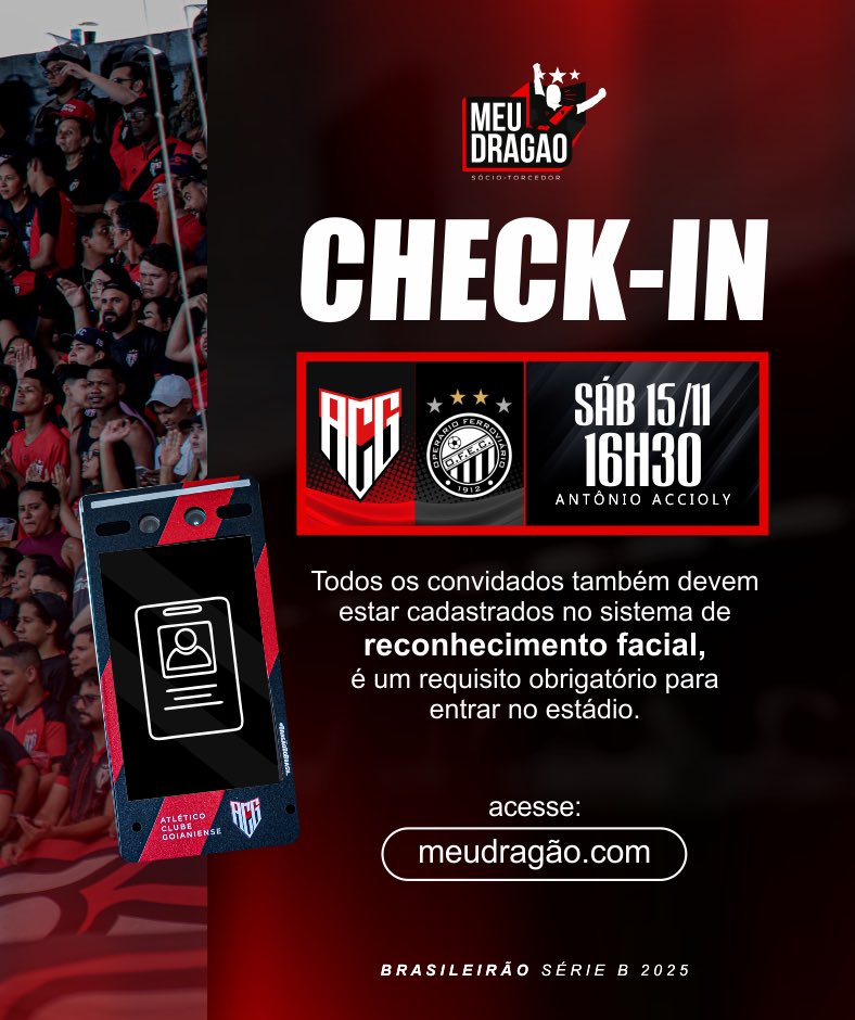 CHECK-IN E BENEFÍCIOS SÓCIO MEU DRAGÃO - Atlético x Operário (PR)

Está aberto o check-in obrigatório dos Sócios Meu Dragão para o jogo deste sábado (15), às 16h30, no Estádio Antônio Accioly. 🇹🇹

Acesse meudragao.com e confirme presença no jogo.

Utilizar apenas o site