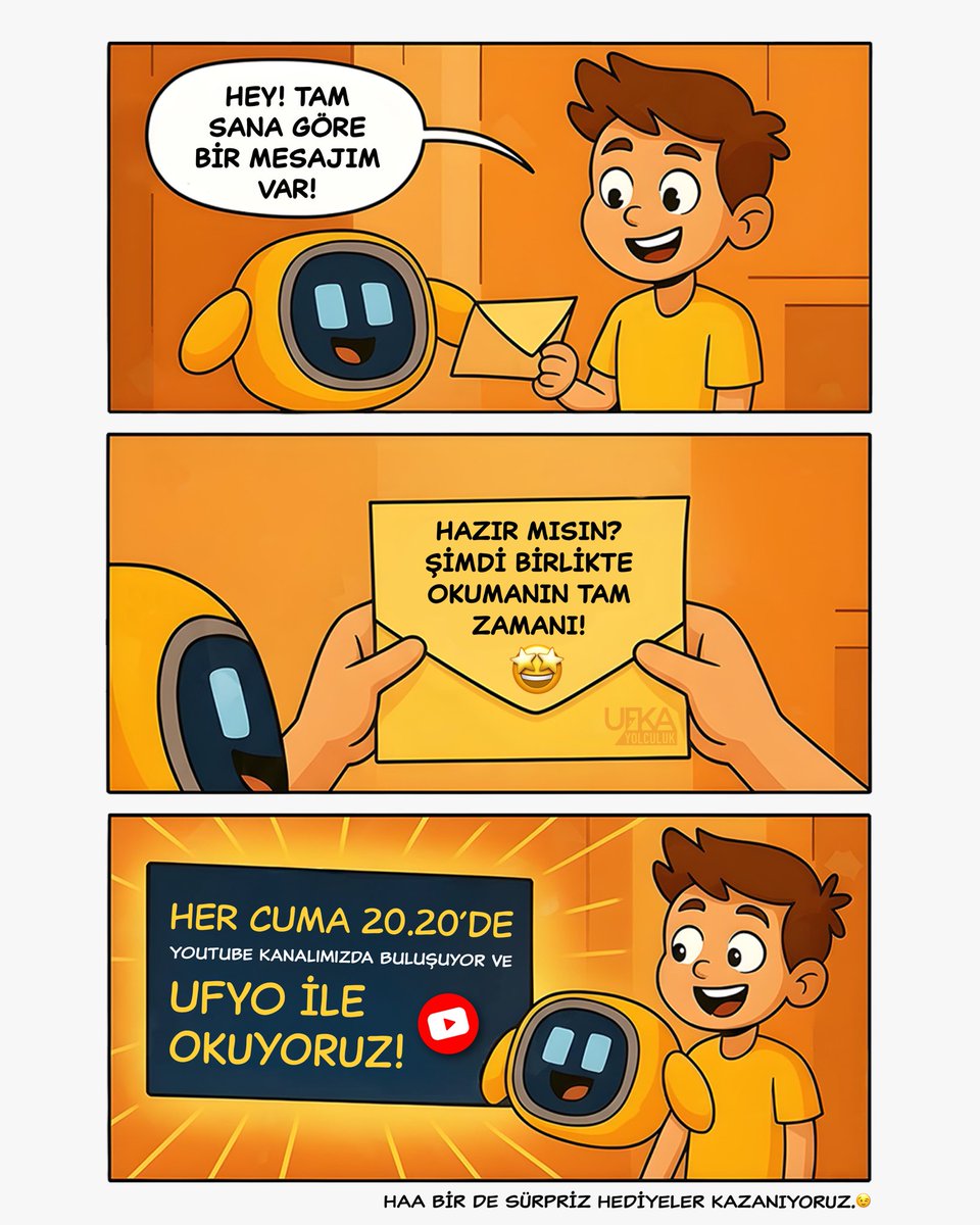 Ufyo’dan yol arkadaşlarına sımsıcak bir mesaj var! 🤩

Kahveni al, kitabını aç. ☕
Çünkü her cuma 20.20’de YouTube’da Ufyo ile Okuyor, sürpriz hediyeler kazanıyoruuz. 💫

İlk canlı yayın için:

🗓️ 14 Kasım Cuma günü
⏰ 20.20’de 
📍 YouTube Kanalımıza bekliyoruzz. 💛
