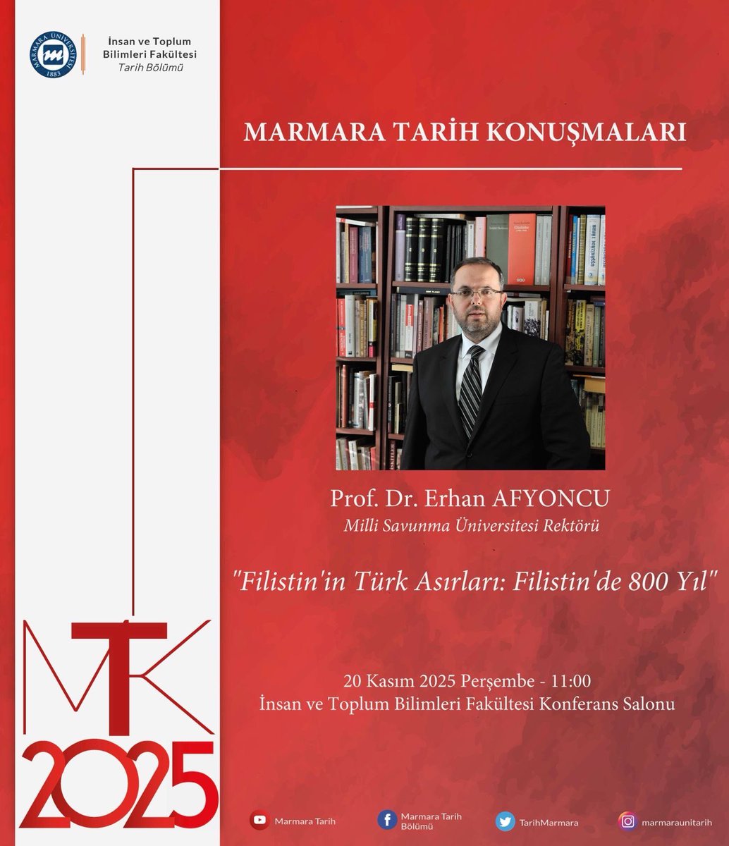 TarihMarmara's tweet photo. 20 Kasım Perşembe günü “Filistin'in Türk Asırları: Filistin'de 800 Yıl"  başlıklı konuşmasıyla Milli Savunma Üniversitesi rektörü ve bölüm hocalarımızdan Prof. Dr. Erhan Afyoncu’yu (@eafyoncu) ağırlayacağız. @marmara1883 https://t.co/owFmitgdIp